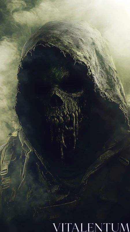 Hooded skeletal wraith emerges from dense swirling fog