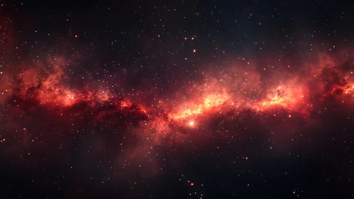 Red emission nebula band across dense star field in space.