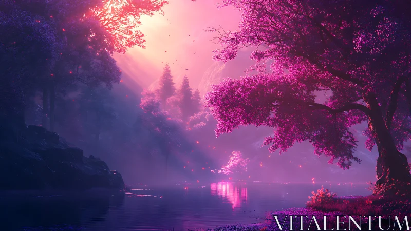 Luminous magenta forest lake in ethereal digital painting.