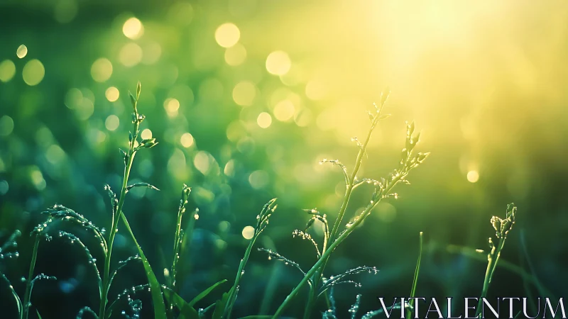 Dawnlit dew grass whispers under a hazy emerald sunrise.