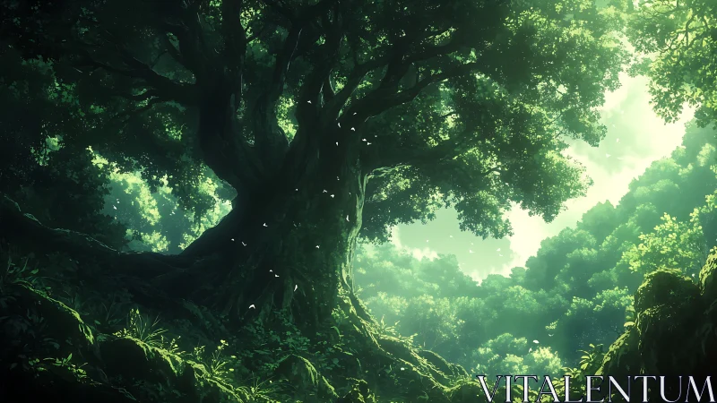 Luminous Ancient Forest Canopy: Towering Oak with Diffused Emerald Foliage