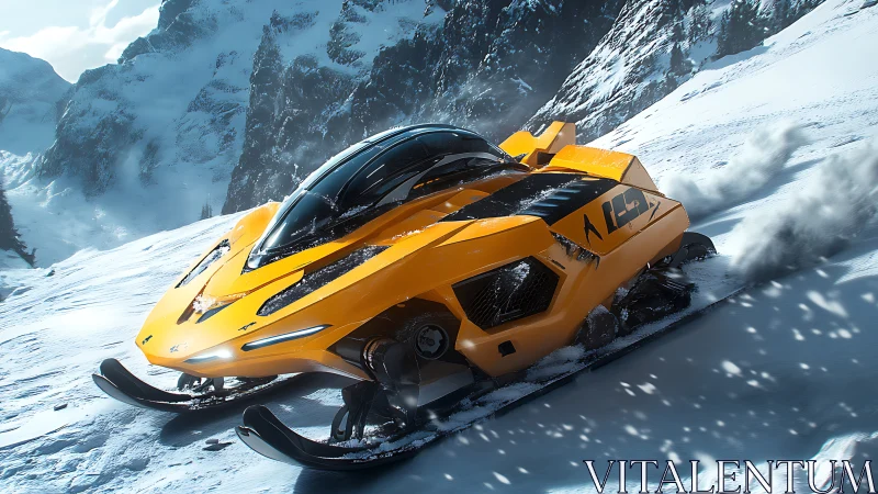 Futuristic yellow snowmobile racing across steep snowy slope.