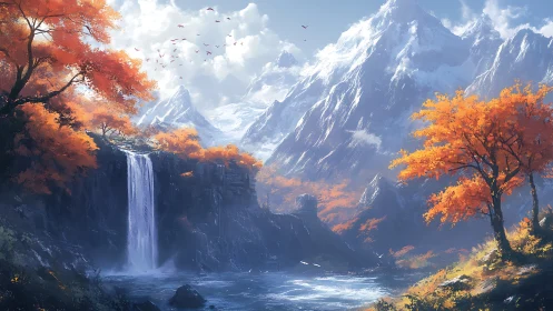 Digital painting of alpine waterfall amid autumnal forest panorama.