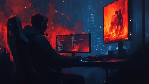 Night-code sorcerer steering neon fire across twin screens.