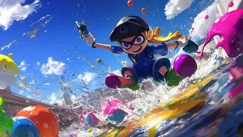 Joyful ink-splasher leaping through a bright color storm.