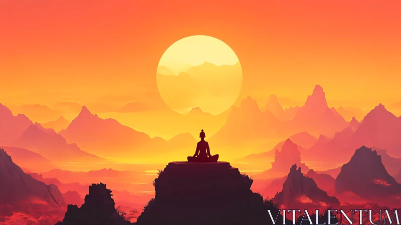 Meditating silhouette aligns with oversized sun in layered haze