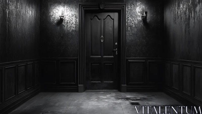 Monochrome corridor with central paneled door illumination.