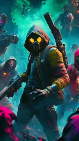 Hooded gunfighter confronts neon-masked horde in toxic forest