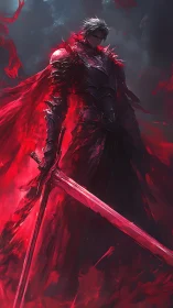 Crimson warlord in spiked armor wielding blazing greatsword.