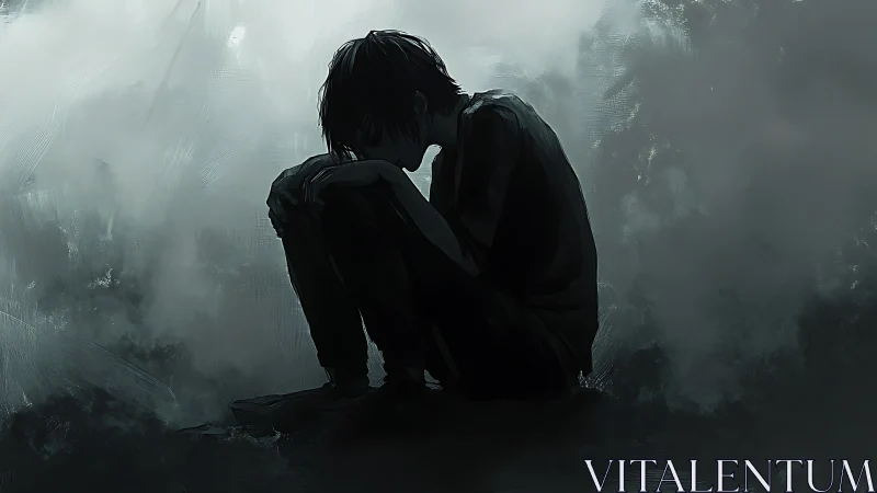 Solitary figure seated in shadowed foggy environment.