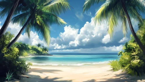 Tropical Paradise Beach Framed by Swaying Palm Trees