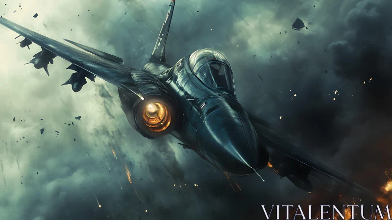 Stealth tactical jet in high-speed bank through explosive clouds