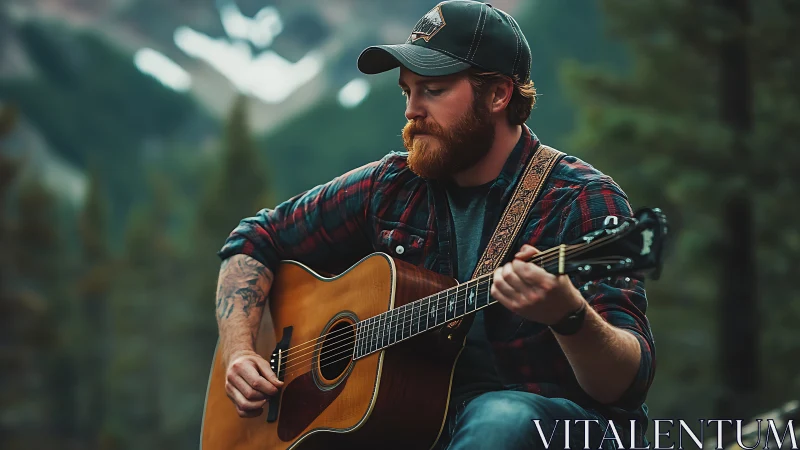 Bearded guitarist plays acoustic folk in misty mountain forest.