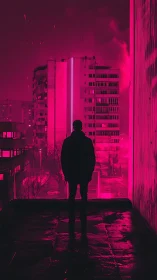 Neon city glow welcomes a lone figure into the night