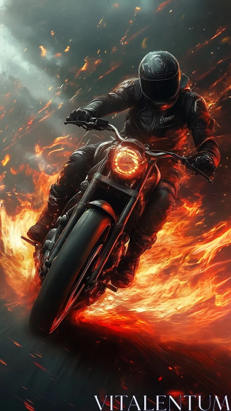 Blazing motorcycle rider powers through swirling storm fire