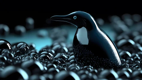Glossy Penguin Surrounded by Shiny Bubbles in Futuristic Art.