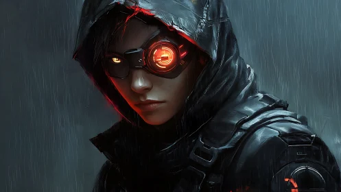 Cyberpunk scout in hooded armor studies stormy night