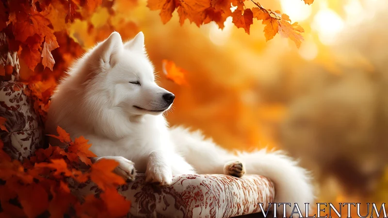 Samoyed resting on ornate chair in diffuse autumn backlight