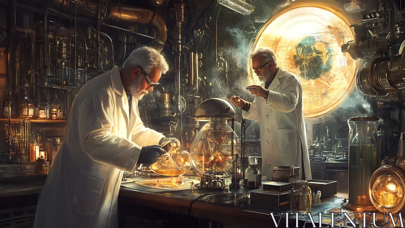Elder scientists refine alchemical experiment under glowing map