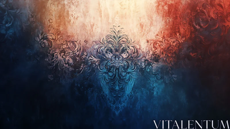 Radiant baroque flourish amid molten dusk and ocean tones.