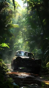Abandoned jungle car beneath shafts of cinematic light.