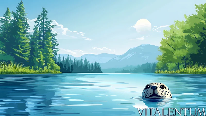 Digital lake landscape shows seal head emerging in foreground