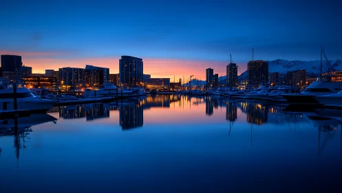 Twilight harbor skyline mirrored in deep blue waters.