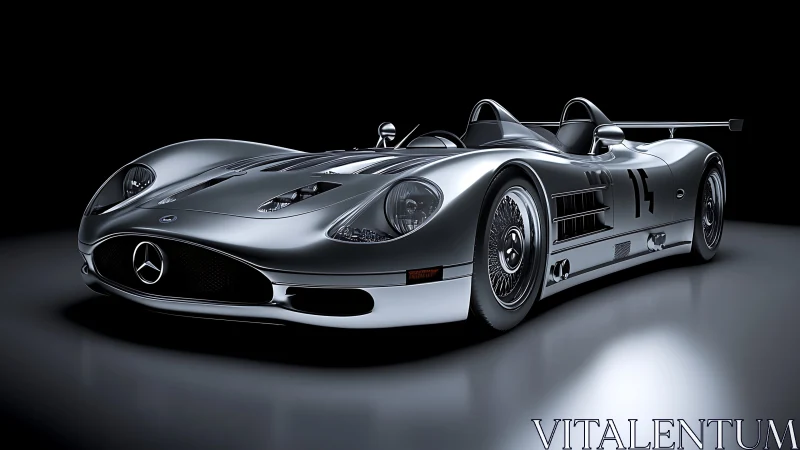 Silver racing roadster sits on reflective floor in studio