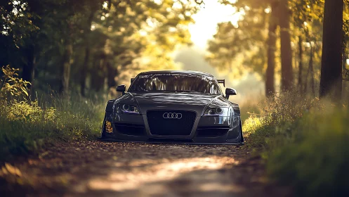 Lowered black Audi sports car stands on narrow forest path