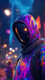 Hooded faceless figure in neon abstract urban glow.