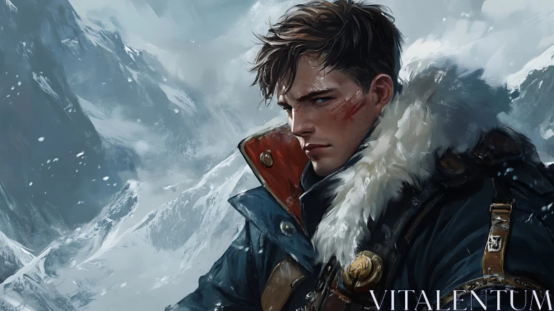 Man in winter gear against rugged snowy mountain range.