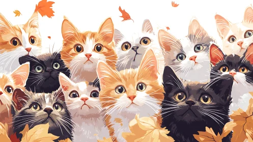 Digital vector illustration of multi-colored feline portraits with autumn foliage