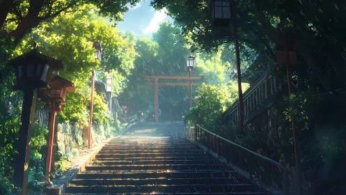 Rainy shrine stairway under lush green tree canopy.
