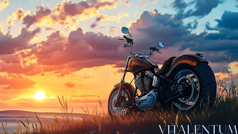 Touring motorcycle is parked in tall grass at sunset