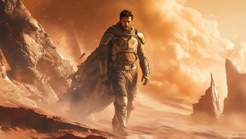Armored astronaut walks across bright orange alien desert