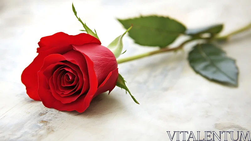 Vivid Red Rose on Marble Surface with Green Foliage