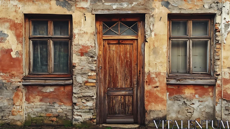 Weathered wooden door with two windows in worn facade.