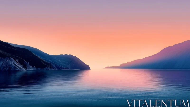 Coastal inlet with opposing headlands at pastel twilight.