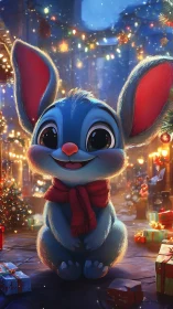Blue cartoon bunny in festive winter street scene.