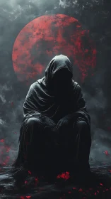 Hooded wraith before blood moon in dark digital painting.