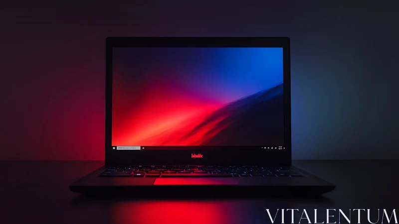 Front-facing laptop screen displays saturated red-blue gradient lighting
