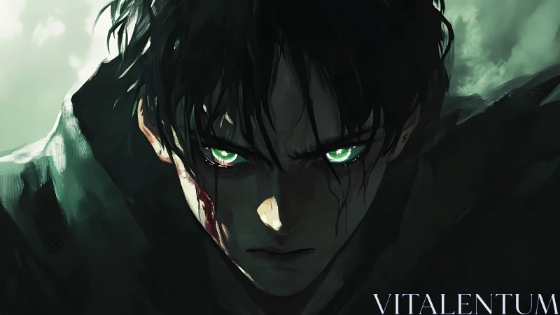 Storm-lit gaze of a wounded warrior in green shadows.