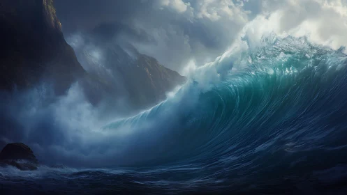 Storm surge wave crashes against dark coastal cliffs.