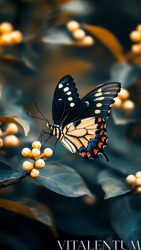 Black and yellow butterfly on berry branch in soft focus.