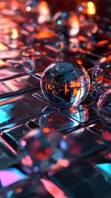 Glass spheres rest on reflective grid under colored lighting