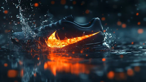 High-contrast running shoe with molten logo and dynamic splash lighting