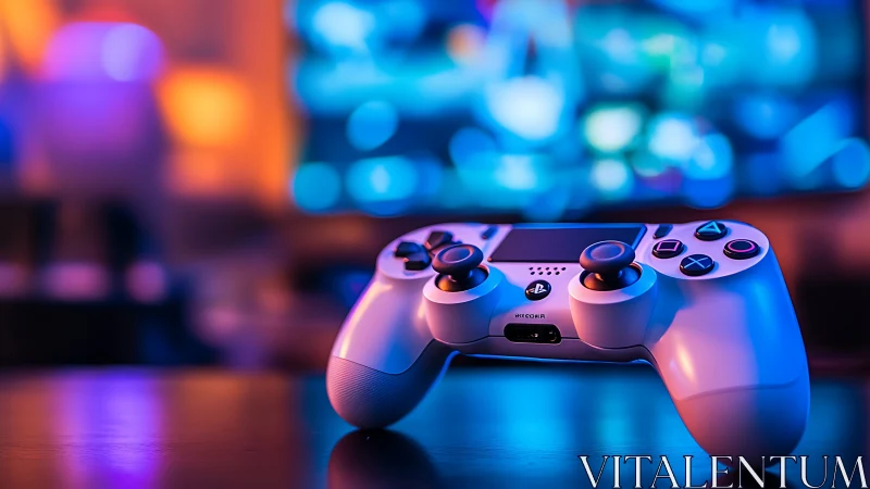 Gaming controller glows under neon bokeh in cinematic close-up