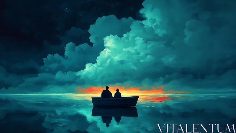 Silhouetted pair in boat against vast teal clouds.