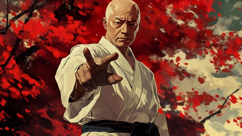 Karate master extends hand in front of red abstract foliage