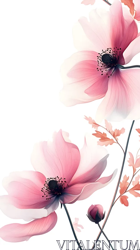 Pink cosmos flowers with dark stamens on white background.